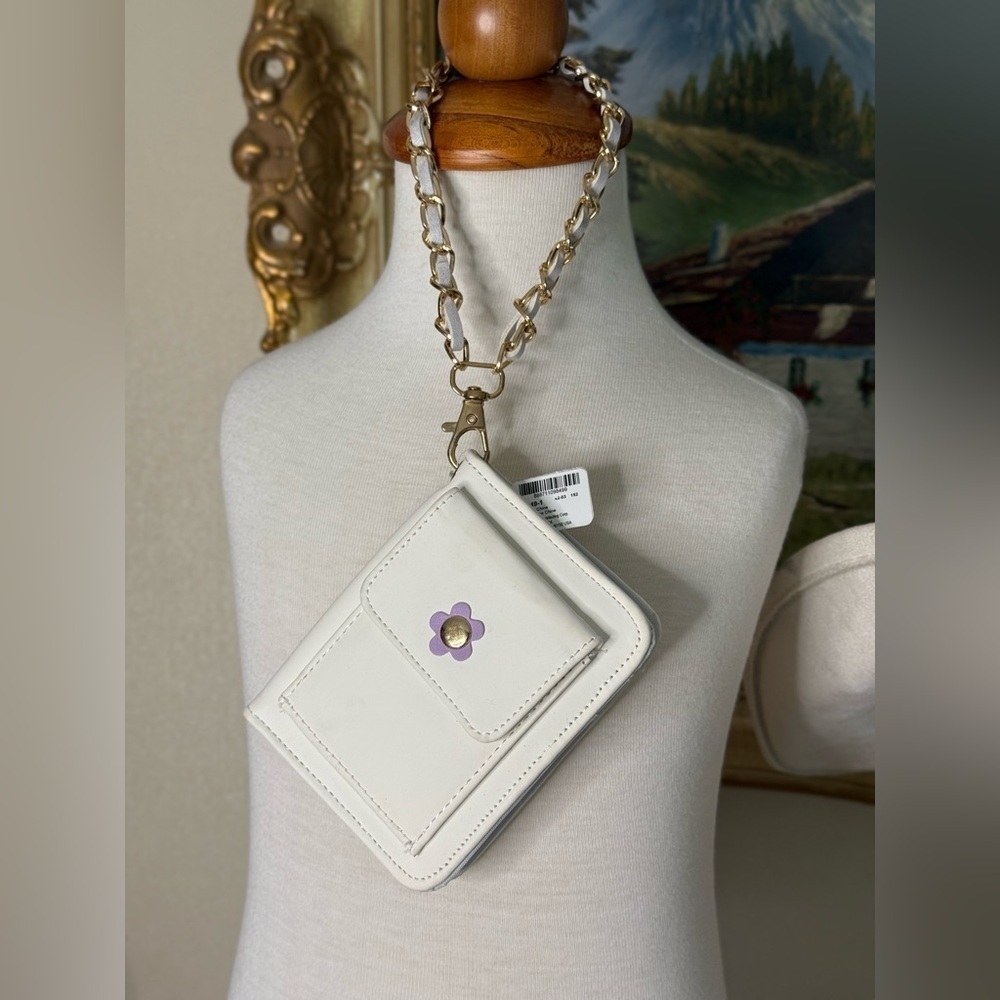 White Wallet with Gold Chain and Purple Flower NWT